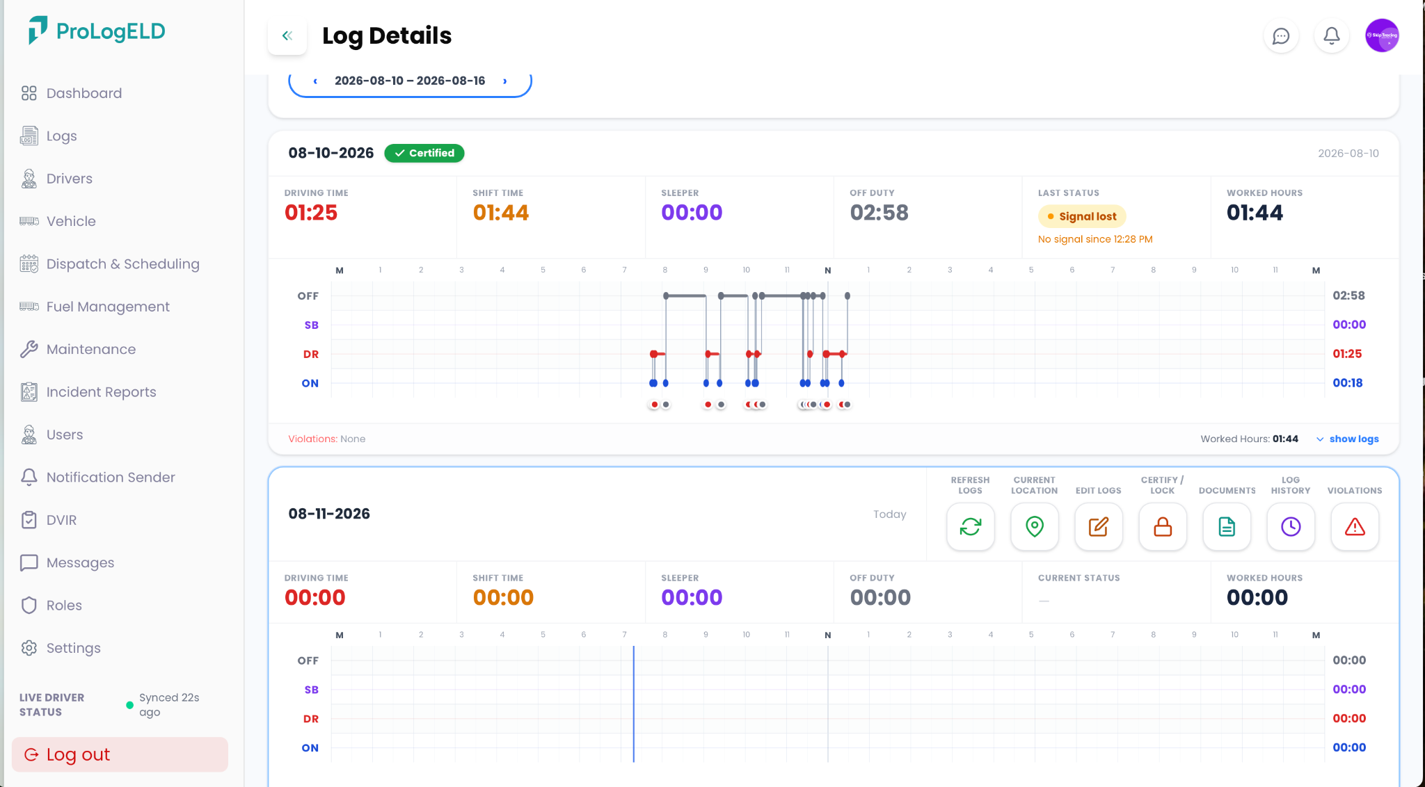 Real ProLogELD fleet dashboard