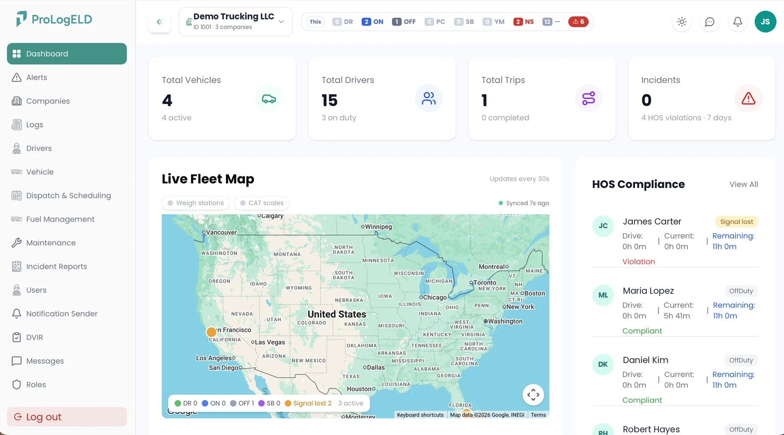 ProLogELD fleet dashboard with live map and HOS compliance
